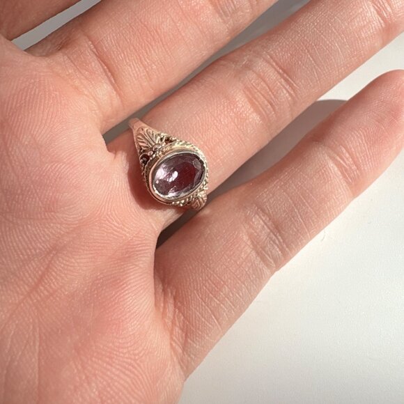 VTG Sterling Silver 925 Amethyst Leaf Design Border Statement Ring Size 7 - Picture 6 of 10